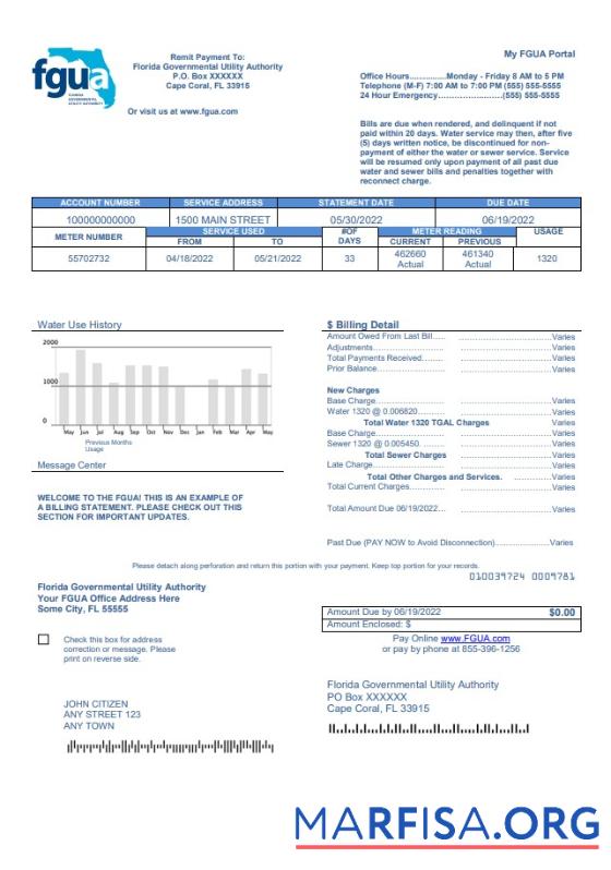 Downloadable USA Florida FGUA utility bill template in Word and PDF format